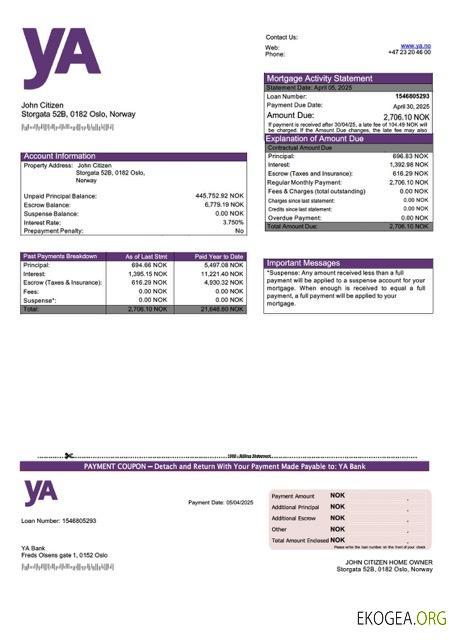 Modèle Word et PDF de relevé hypothécaire de la banque yA de Norvège